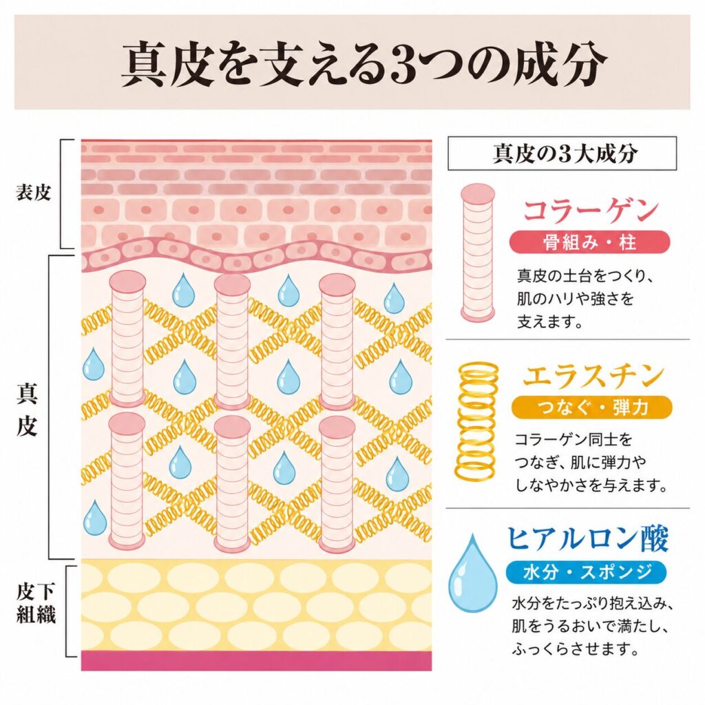 真皮内の3成分（コラーゲン・エラスチン・ヒアルロン酸）の役割比較
