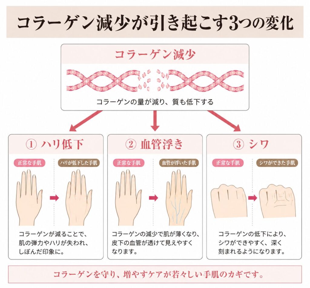 コラーゲン減少による3つの変化（ハリ低下・血管浮き・シワ）