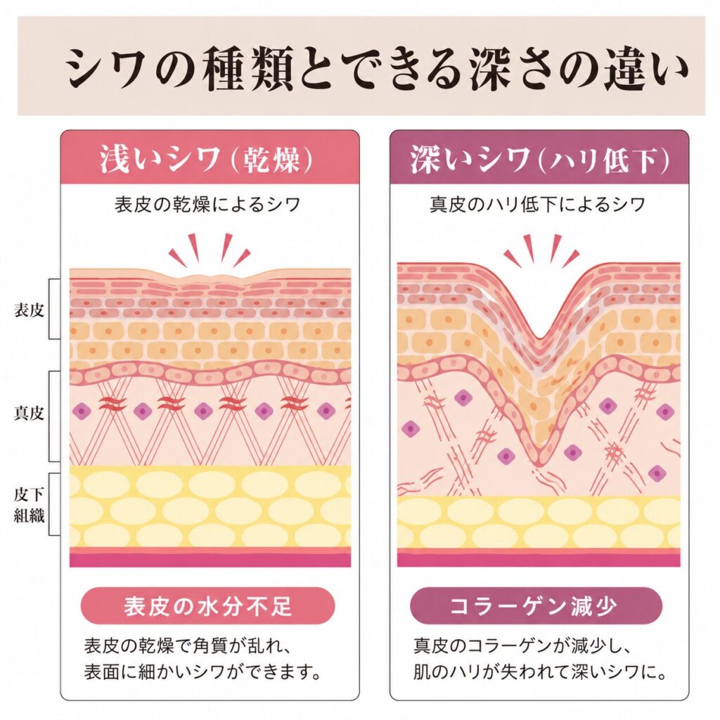  浅いシワ（乾燥）と深いシワ（ハリ低下）の違い、コラーゲンとの関係