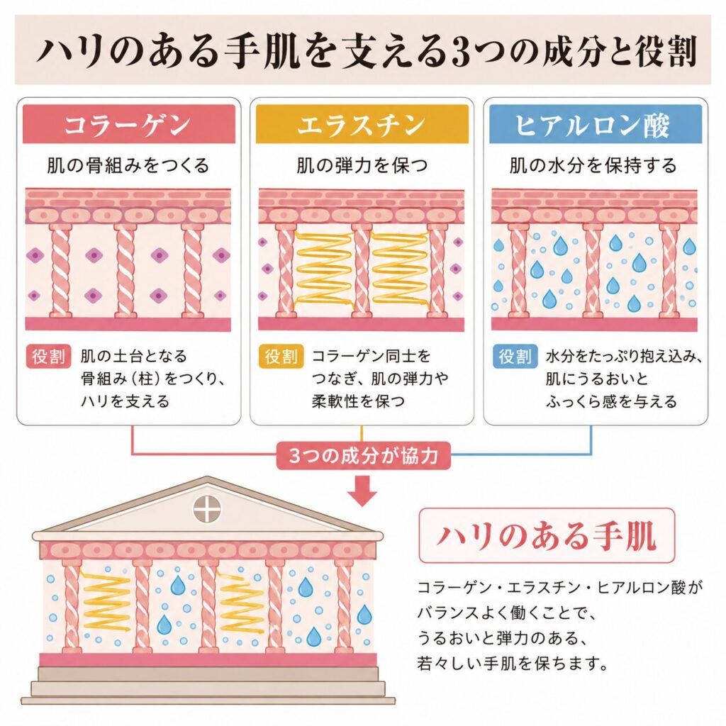  3成分の比較表＋建物の比喩（柱・ゴム・スポンジ）