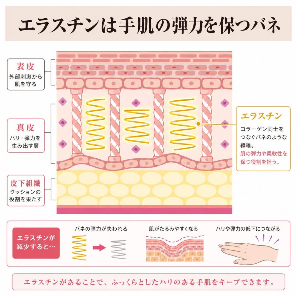 真皮にあるエラスチンが手の弾力を支える仕組みを示す図