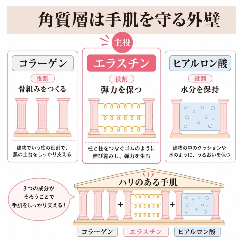コラーゲン・エラスチン・ヒアルロン酸の役割の違いを示す図