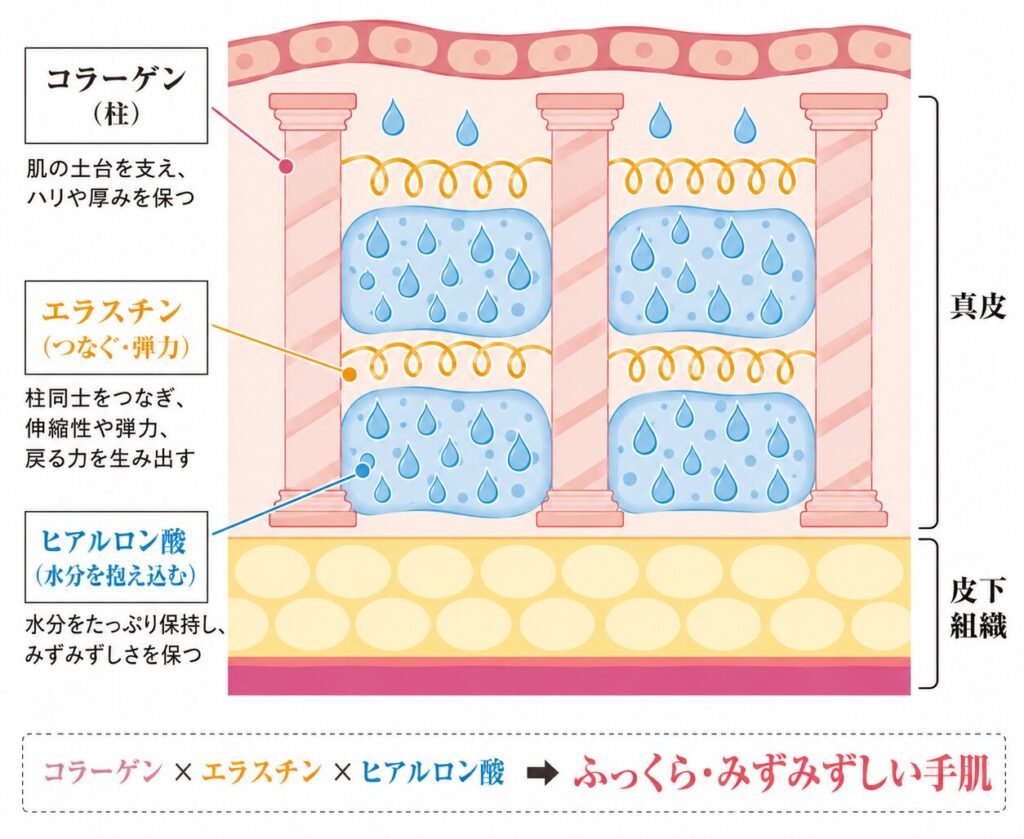 ヒアルロン酸がスポンジのように水分を抱え、ふっくら感を保つ図