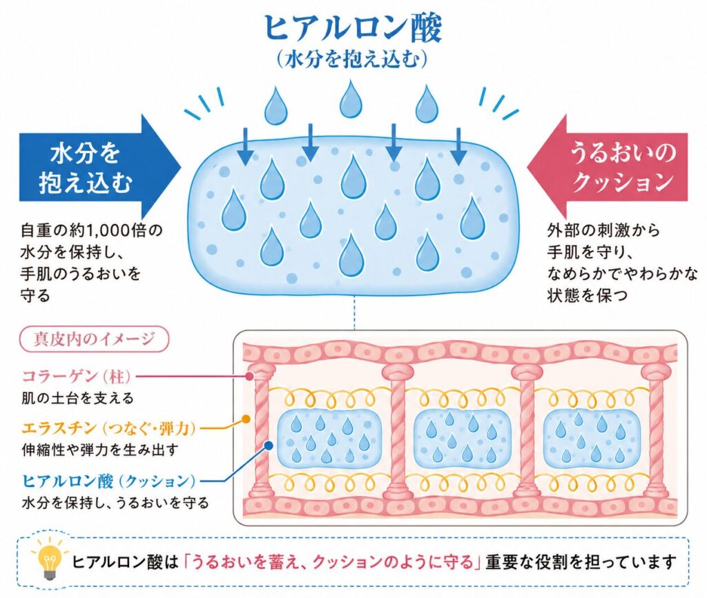 ヒアルロン酸がスポンジのように水分を抱え込む仕組みを示す図