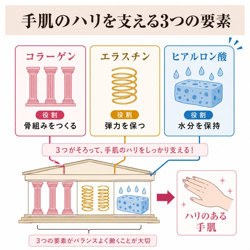 コラーゲン・エラスチン・ヒアルロン酸の役割の違いを示す図