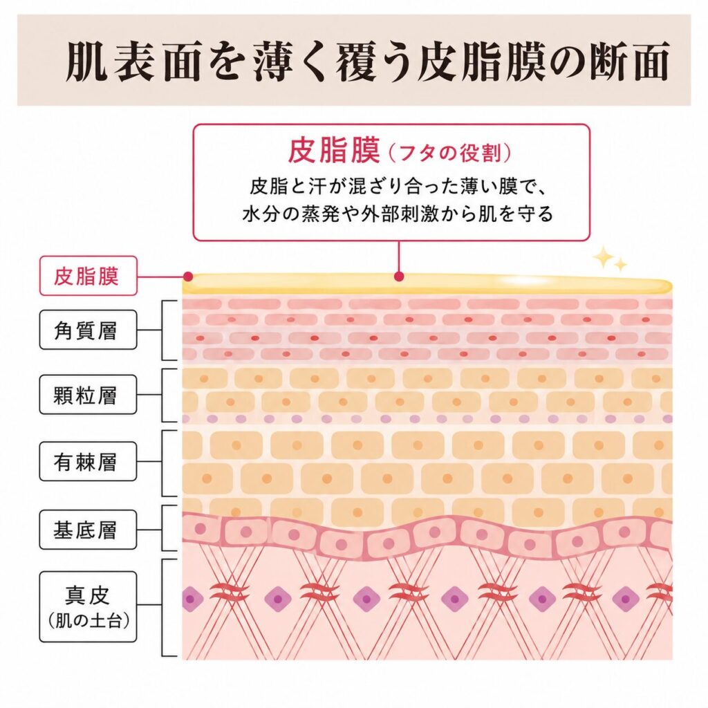 肌表面を覆う皮脂膜の構造を示す図