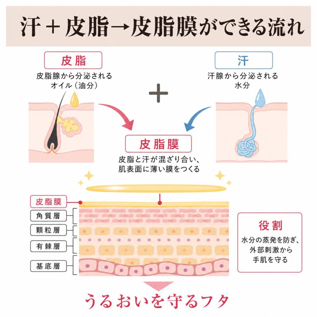 | alt | 汗と皮脂が混ざり合って皮脂膜ができる仕組みを示す図