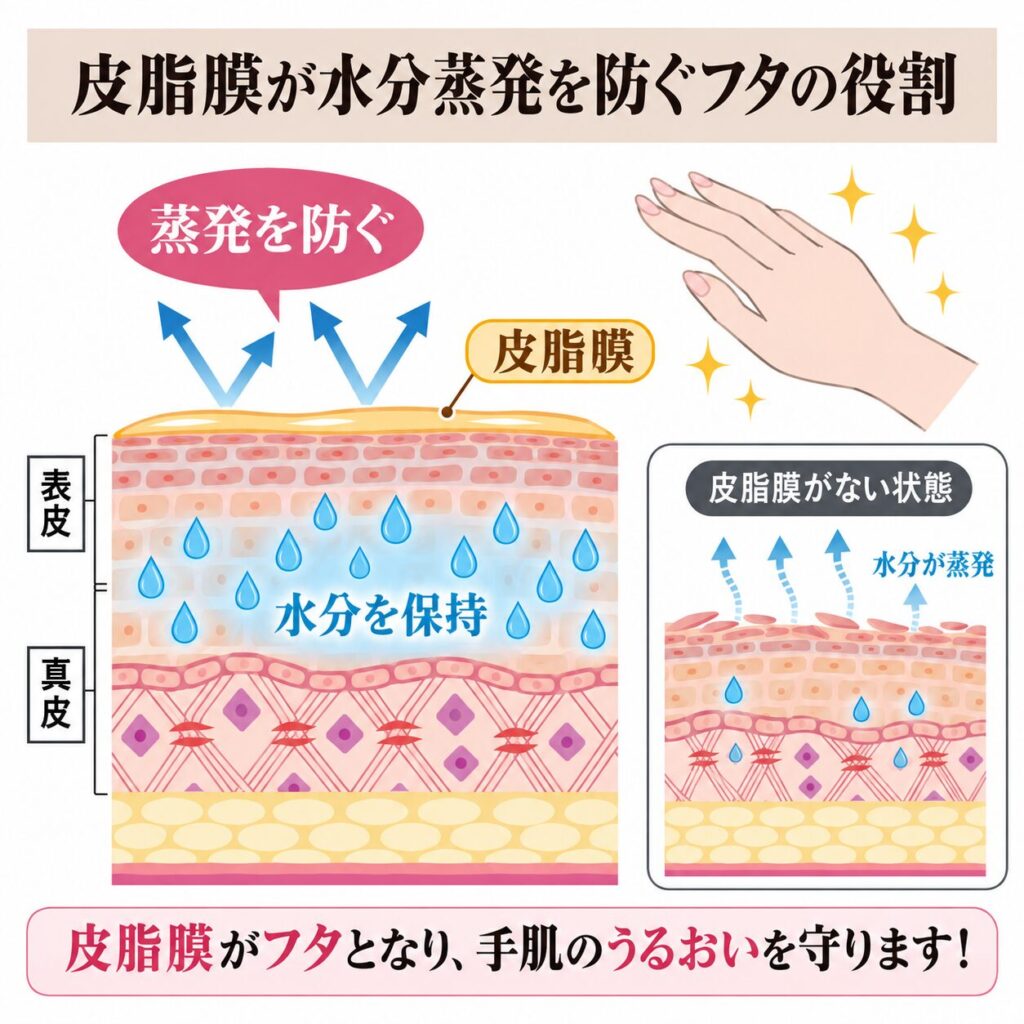 皮脂膜が水分蒸発を防ぐ役割を示す図