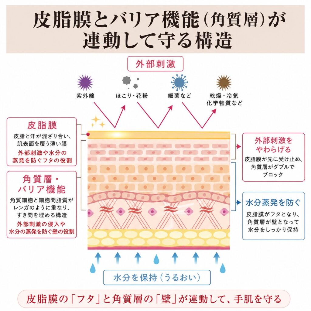 皮脂膜とバリア機能が連動して肌を守る仕組みを示す図