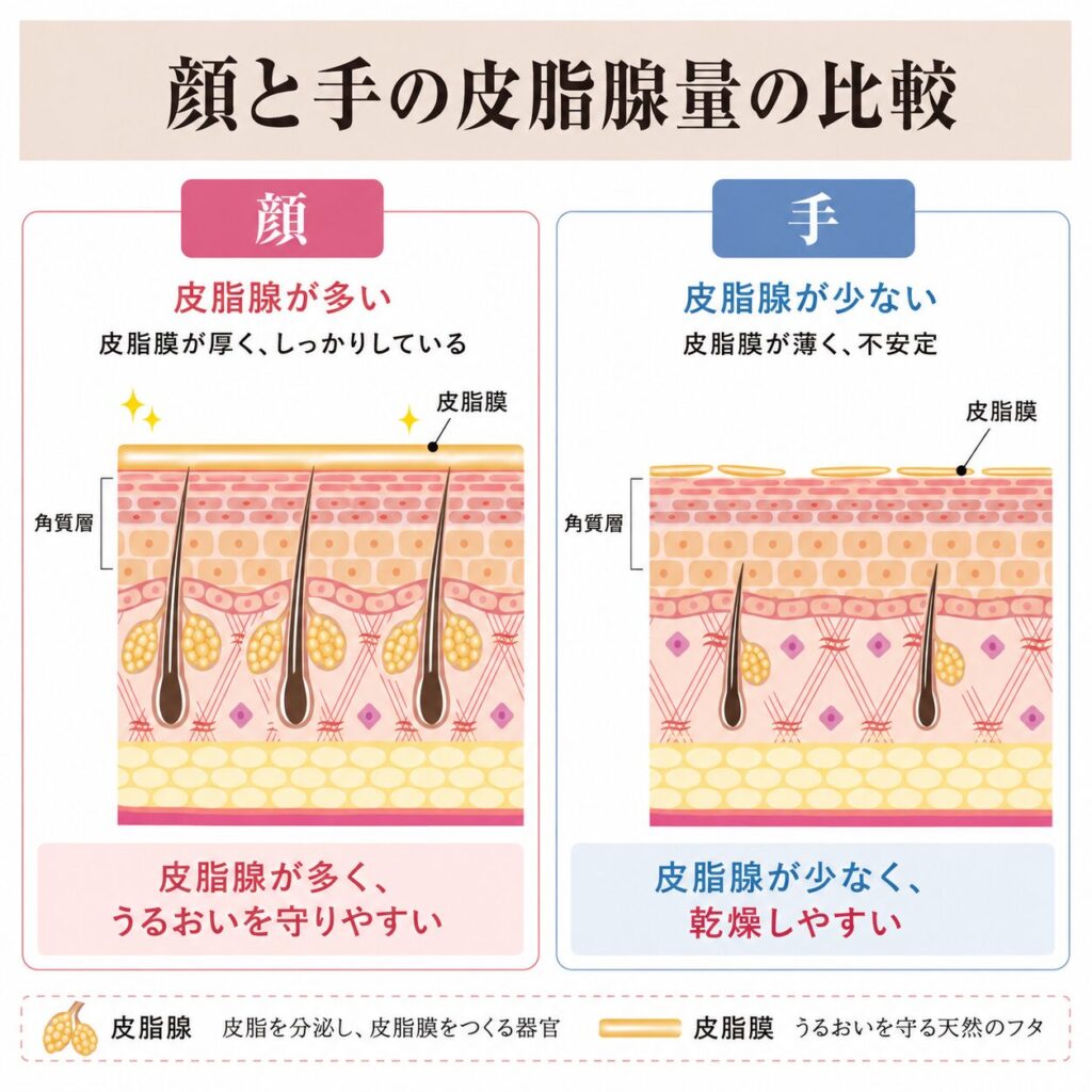 手が顔より皮脂腺が少なく皮脂膜を作りにくい理由を示す図
