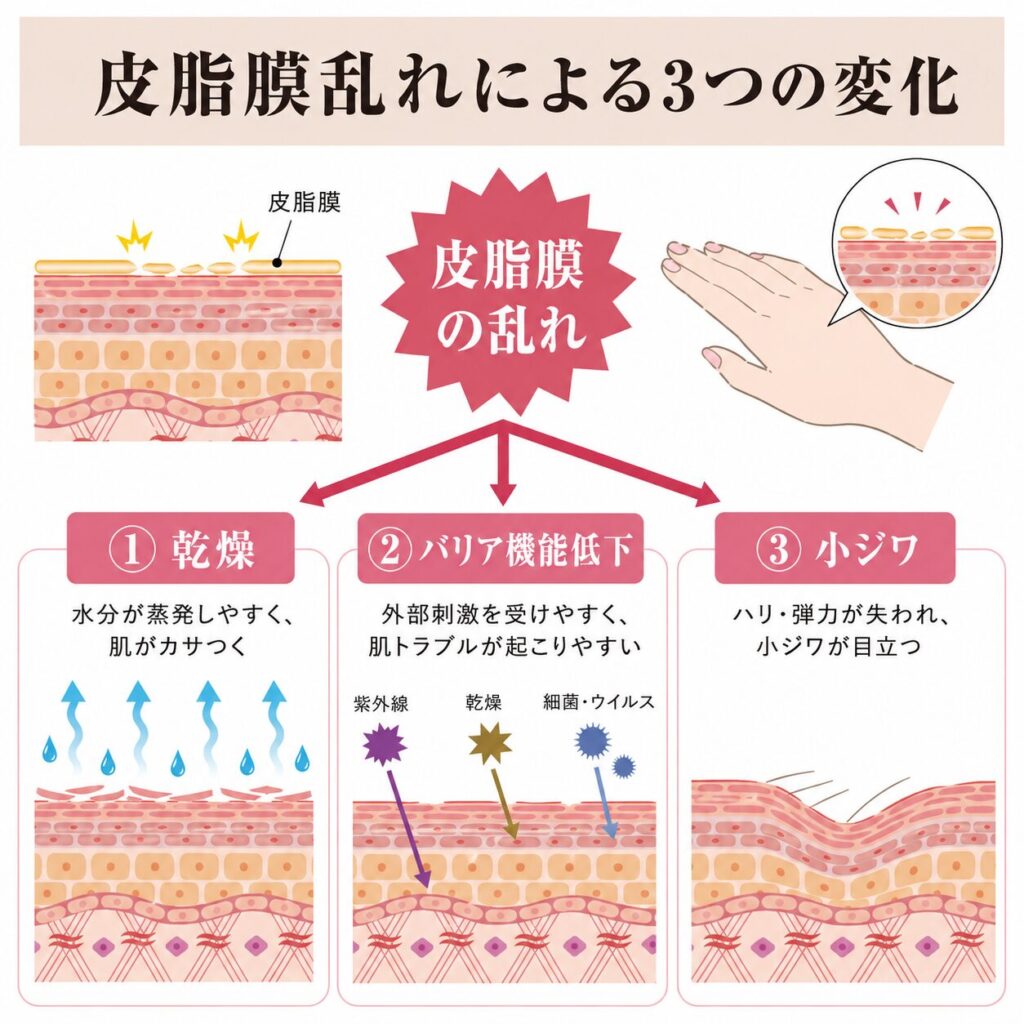 皮脂膜の乱れによって乾燥・バリア低下・小ジワが起こる流れを示す図