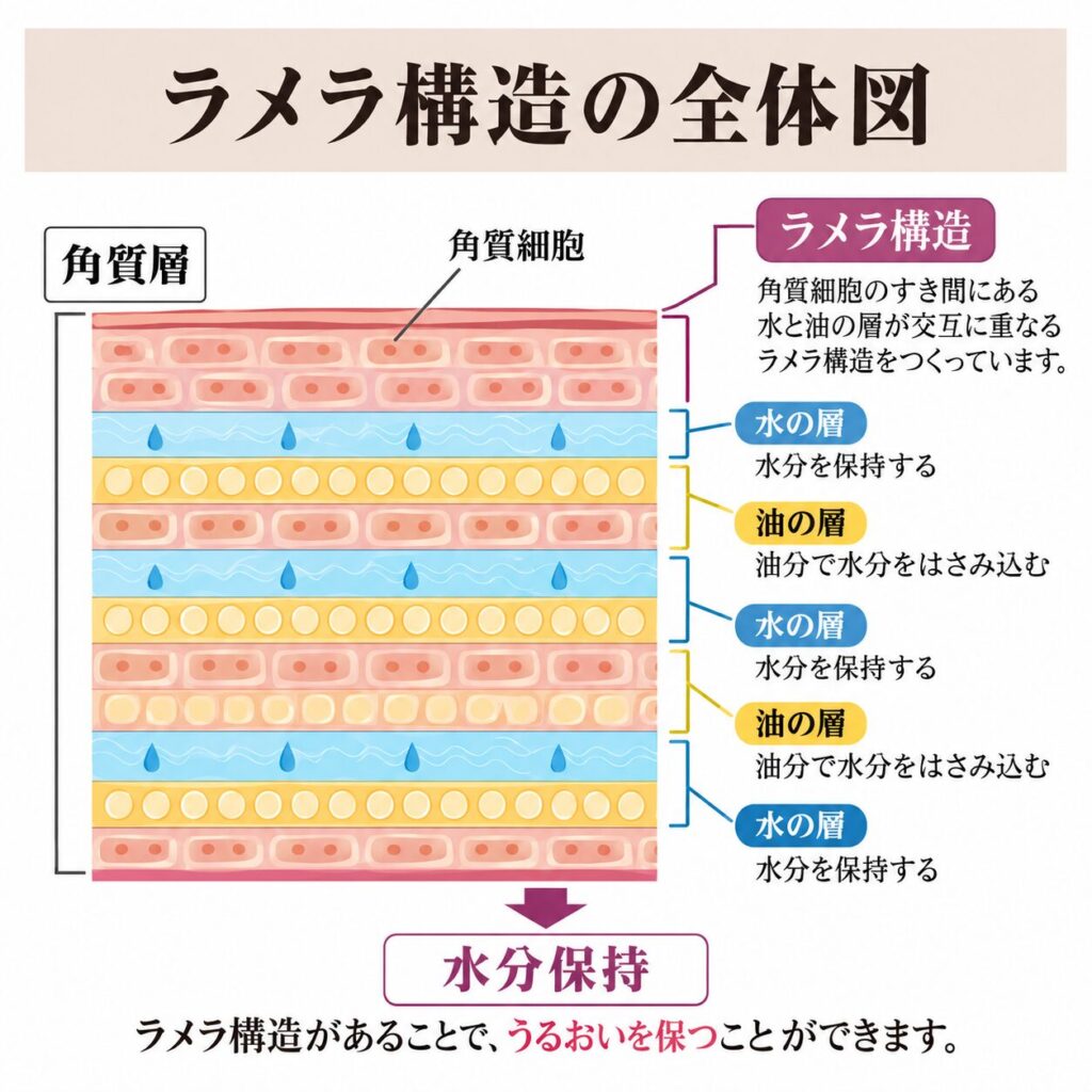角質層で水と油が交互に並ぶラメラ構造を示す図