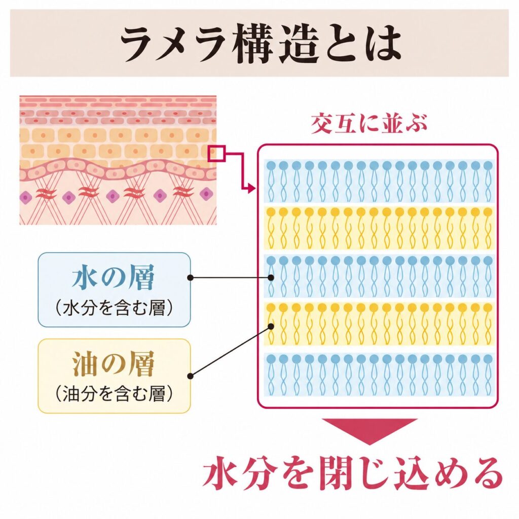 水の層と油の層がミルフィーユ状に重なる詳細図
