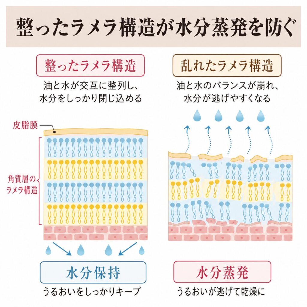 ラメラ構造が水分蒸発を防ぎうるおいを保つ仕組みを示す図