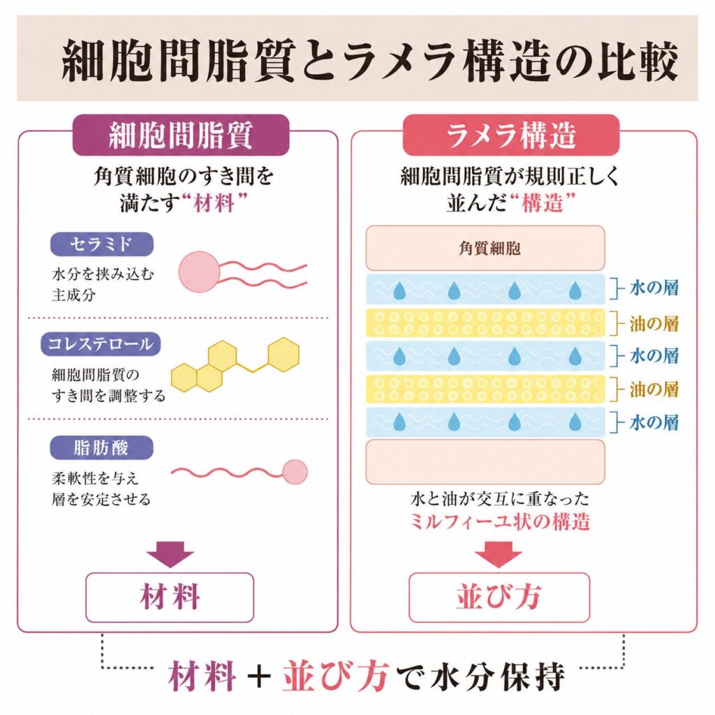 細胞間脂質とラメラ構造の違いを比較する図