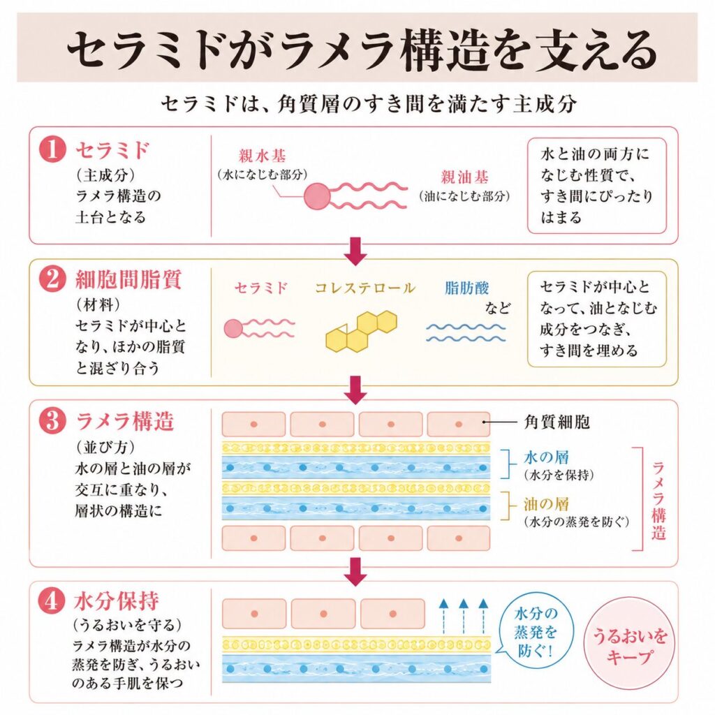 セラミドがラメラ構造を支える関係を示す図