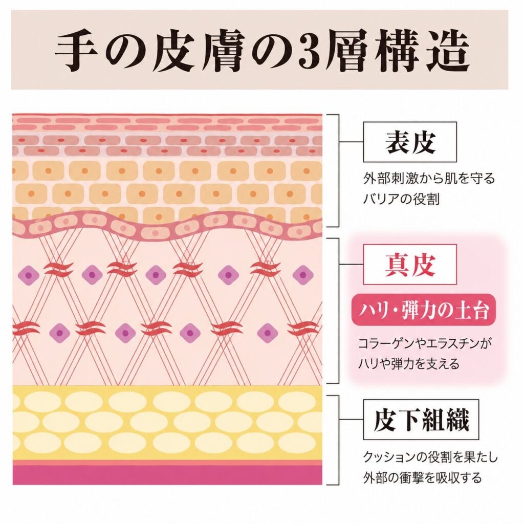 表皮の下にある真皮が手のハリを支える構造を示す図