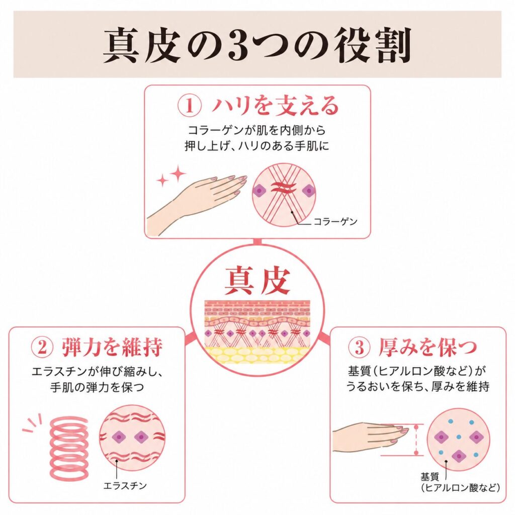 真皮がハリ・弾力・厚みを支える役割を示す図