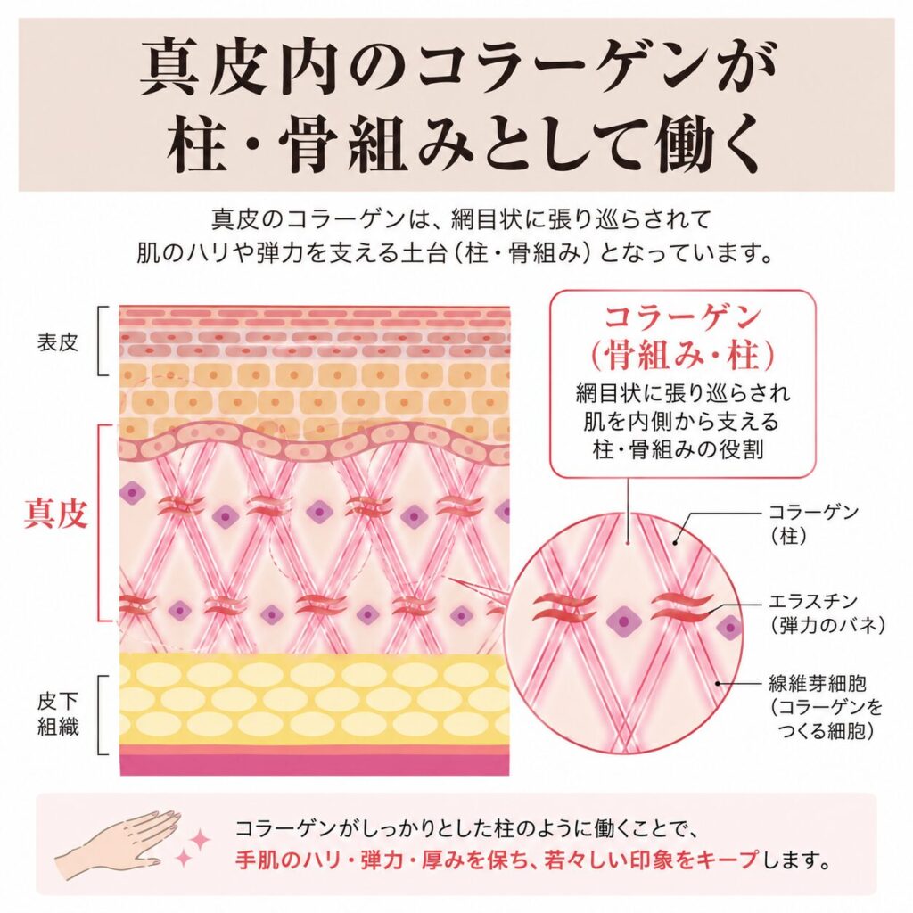 真皮内のコラーゲンが骨組みとしてハリを支える図