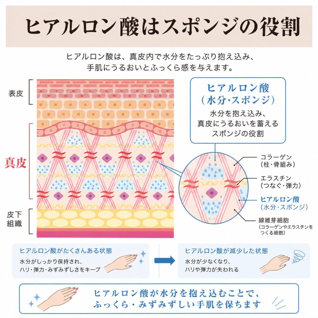 ヒアルロン酸が真皮で水分を抱え込む仕組みを示す図
