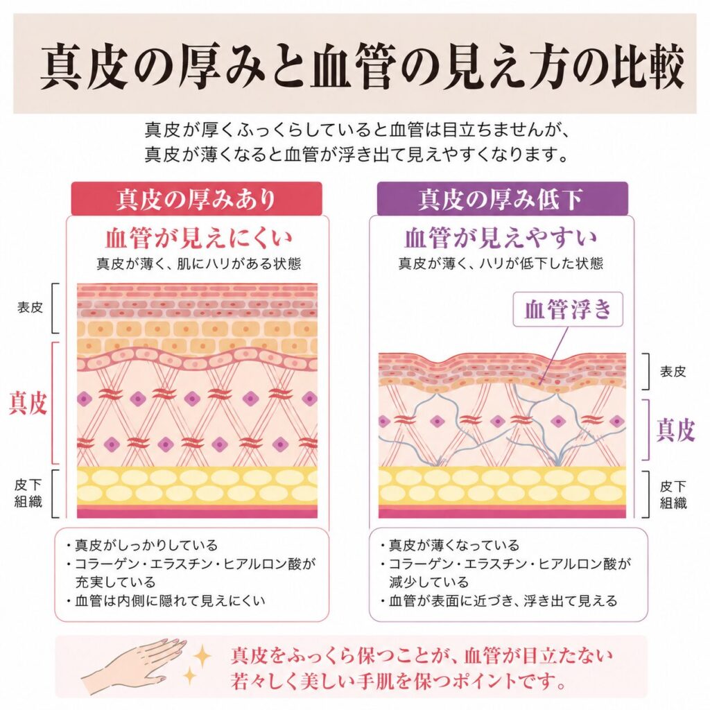 真皮の厚みと血管浮きの関係を示す図