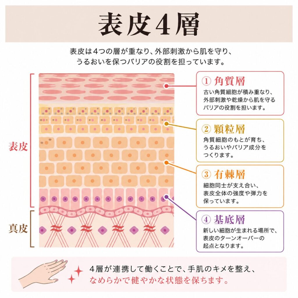 表皮の4層(角質層・顆粒層・有棘層・基底層)を示す図