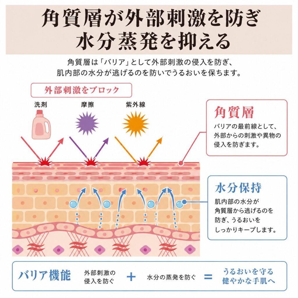 表皮の最外側にある角質層がバリアを担う仕組みを示す図