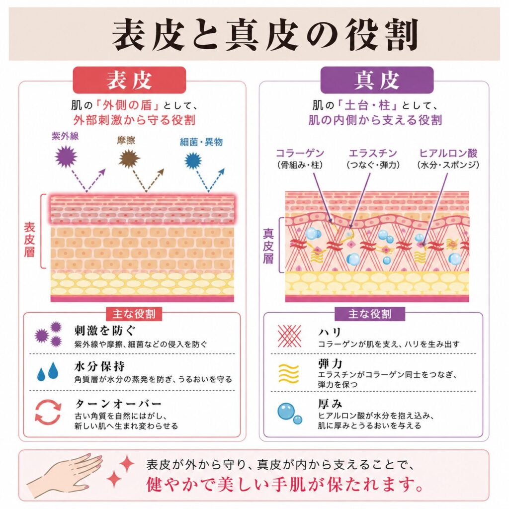 表皮と真皮の役割の違いを比較する図