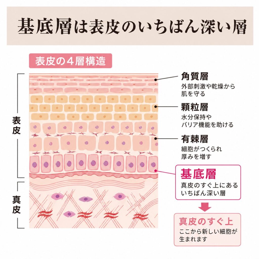 表皮のいちばん深い層である基底層の位置を示す図