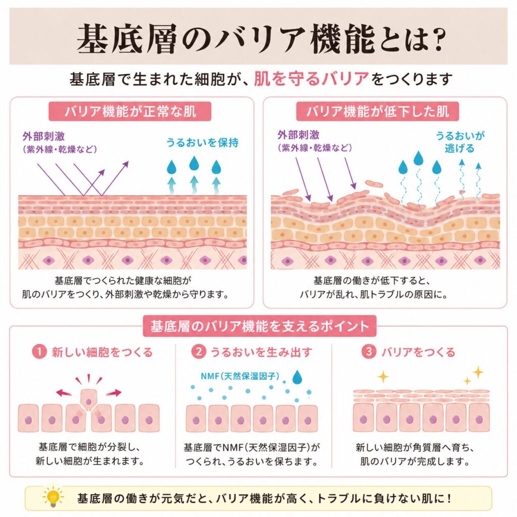 基底層で細胞分裂が起こり新しい細胞が表面へ向かう仕組みを示す図