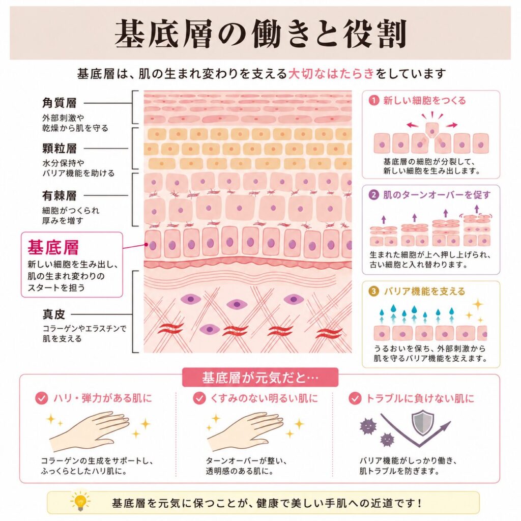 基底層のメラノサイトがメラニンをつくり肌を守る仕組みを示す図