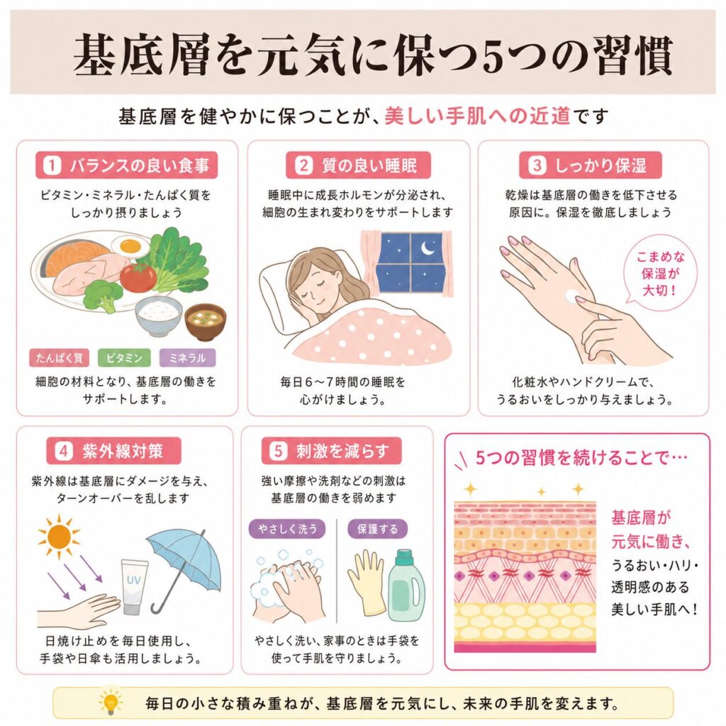 基底層から角質層へ向かうターンオーバーの流れを示す図