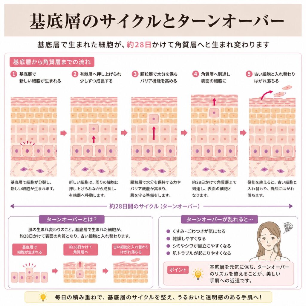 基底層の乱れによって乾燥・くすみ・シミが起こる流れを示す図