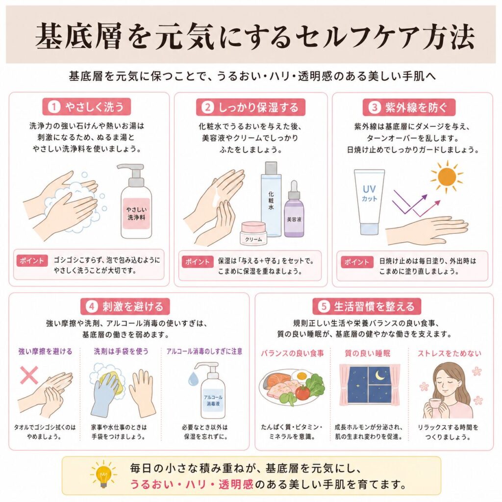 紫外線や乾燥・摩擦が手の基底層に負担をかけやすい理由を示す図