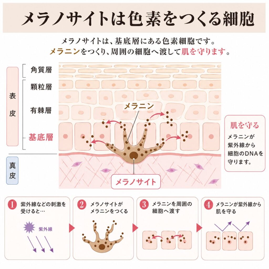 基底層にあるメラノサイトがメラニンをつくる様子を示す図