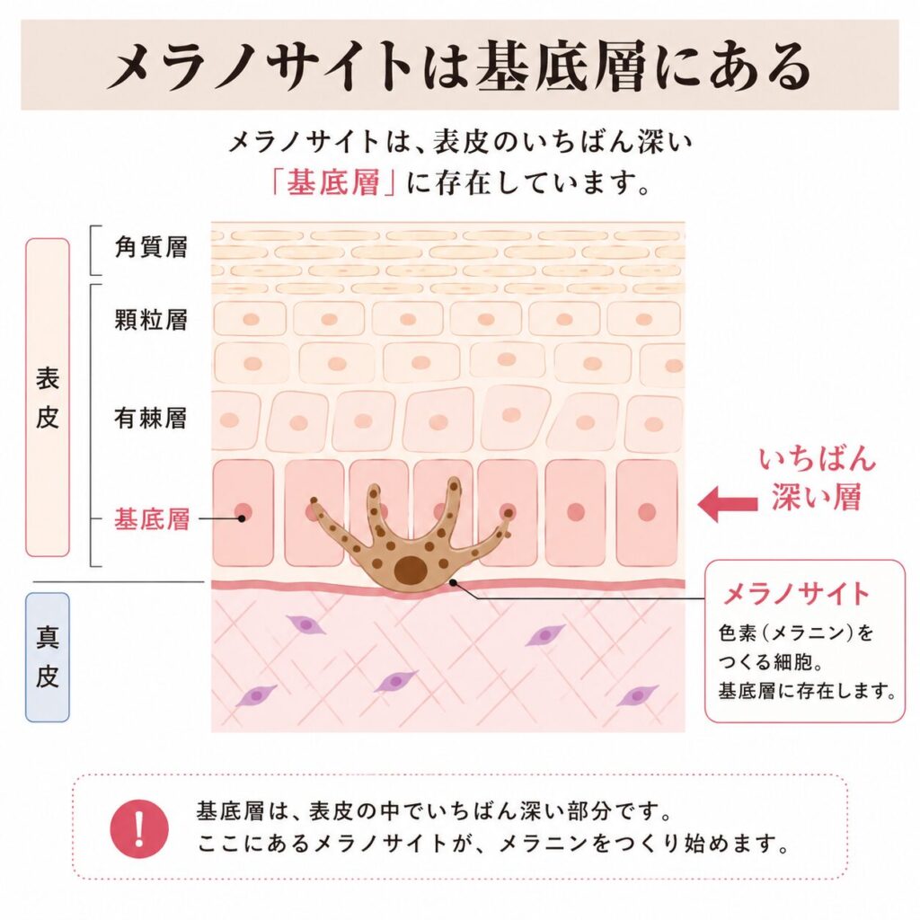 表皮4層のうち基底層にメラノサイトがある位置を示す図