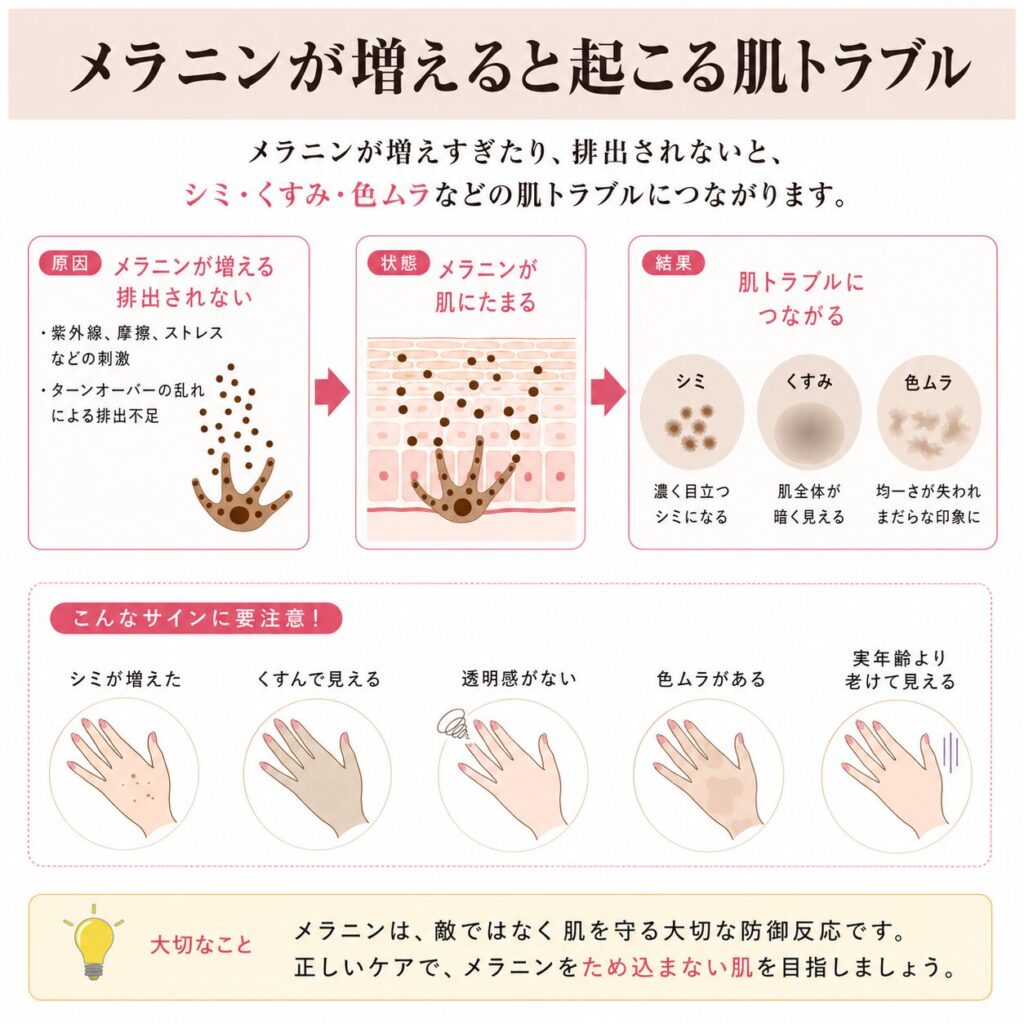 メラニンが排出されずにシミとして残る流れを示す図