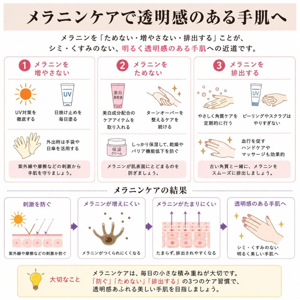 紫外線や乾燥・摩擦が手のメラノサイトに負担をかけやすい理由を示す図