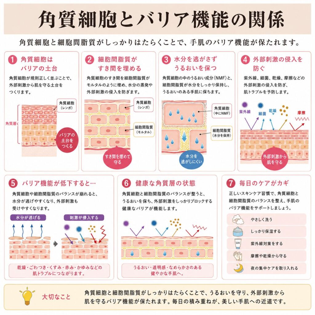 角質細胞がレンガのように積み重なり細胞間脂質がすき間を埋める図