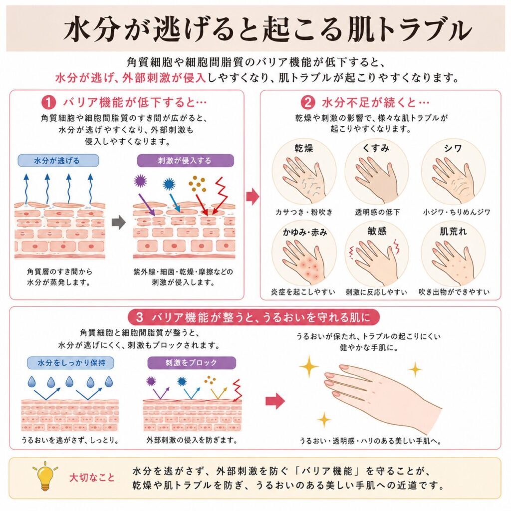 角質細胞内のNMFとすき間の細胞間脂質による水分保持を示す図
