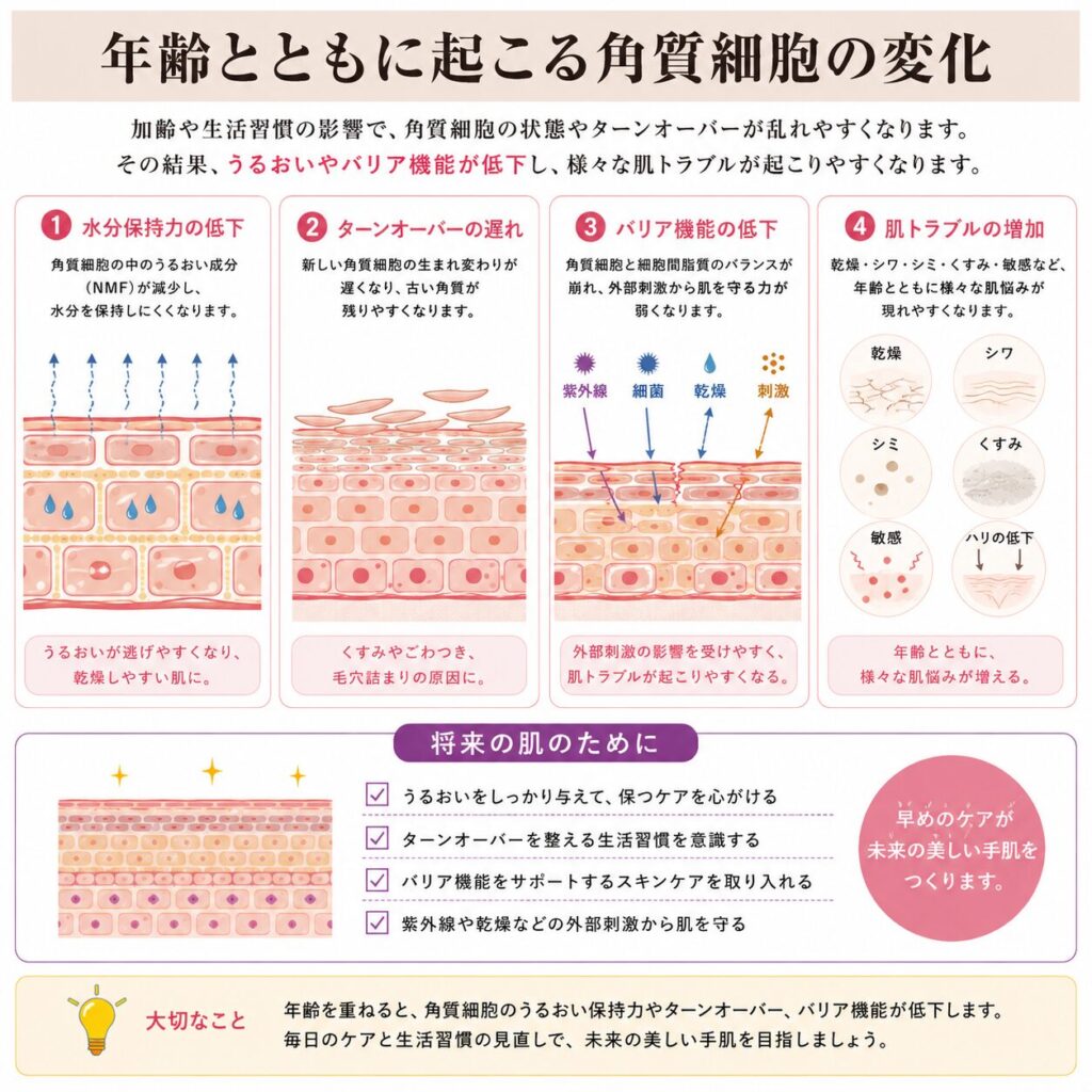 ターンオーバーで新しい細胞が角質細胞になる流れを示す図