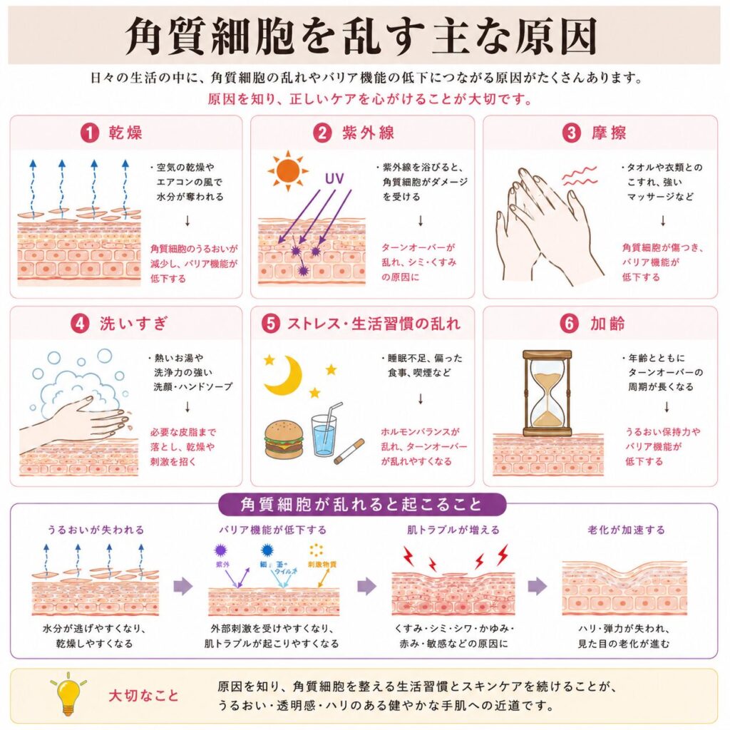 角質細胞の乱れによって乾燥や手荒れが起こる流れを示す図