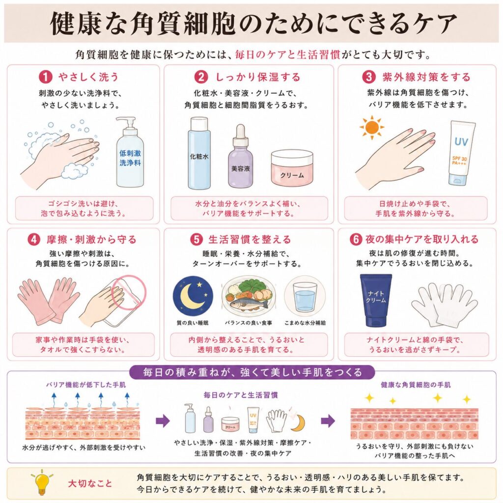 水仕事や摩擦が手の角質細胞に負担をかけやすい理由を示す図