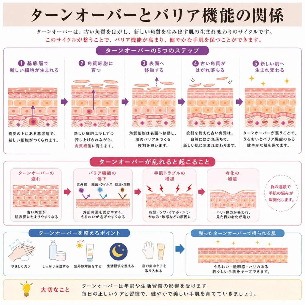 乾燥からバリア低下やターンオーバー乱れにつながる流れを示す図