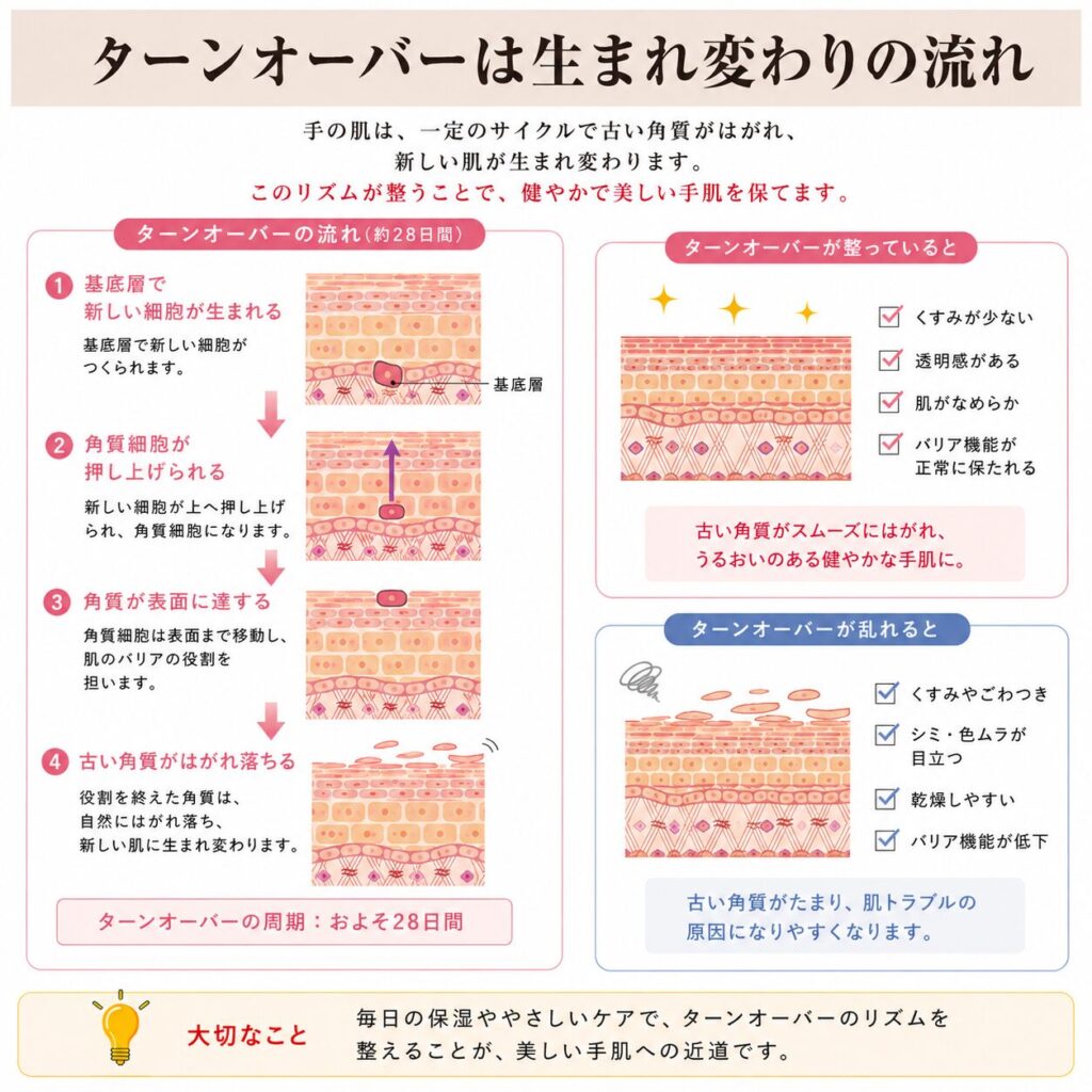 基底層から角質層へ向かうターンオーバーの流れを示す図