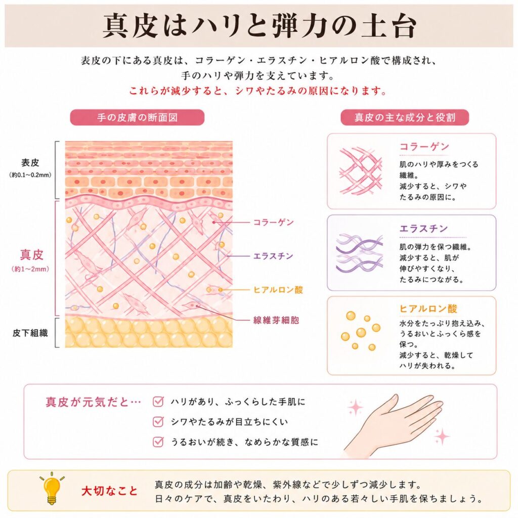 真皮とコラーゲン・エラスチン・ヒアルロン酸の役割を示す図