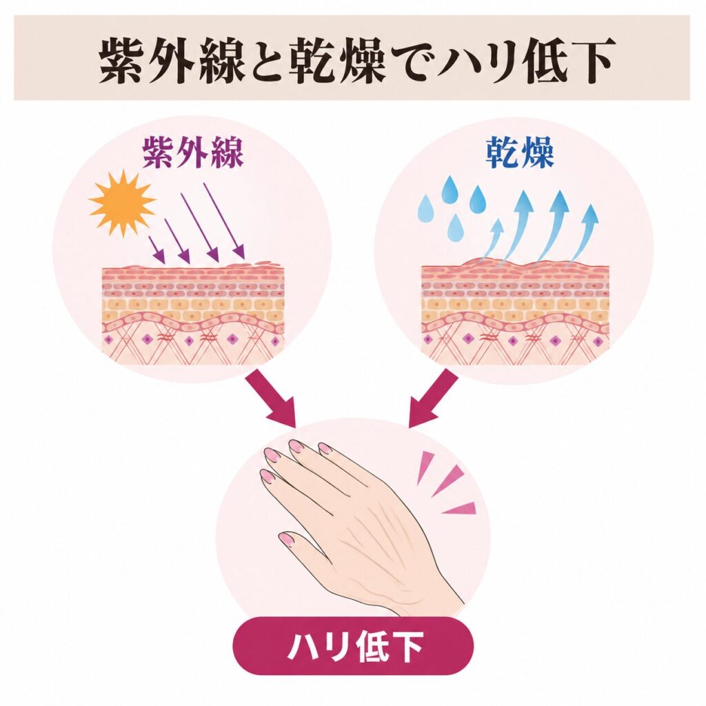 紫外線と乾燥がハリ低下につながる図