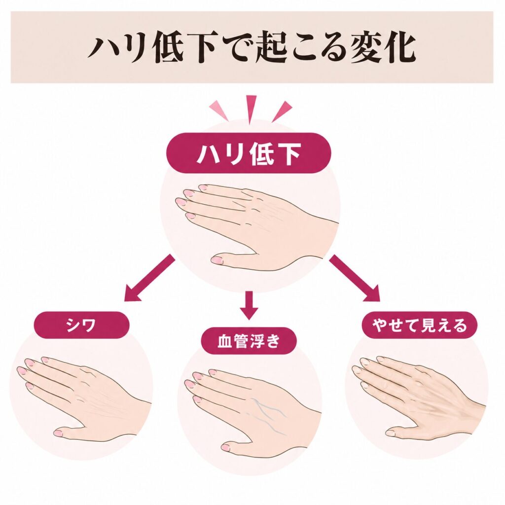 ハリ低下からシワ・血管浮き・やせて見える変化につながる図