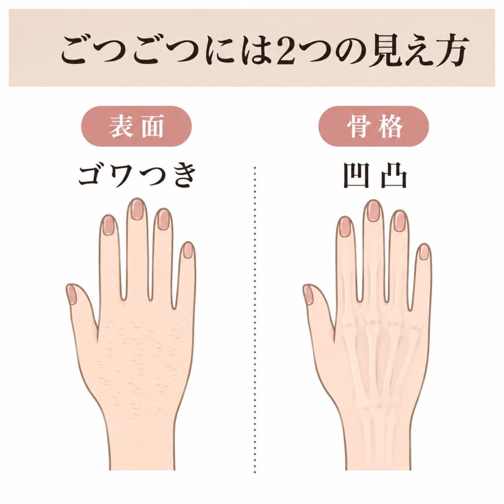 表面のゴワつきと骨の凹凸という2つの見え方を示す図