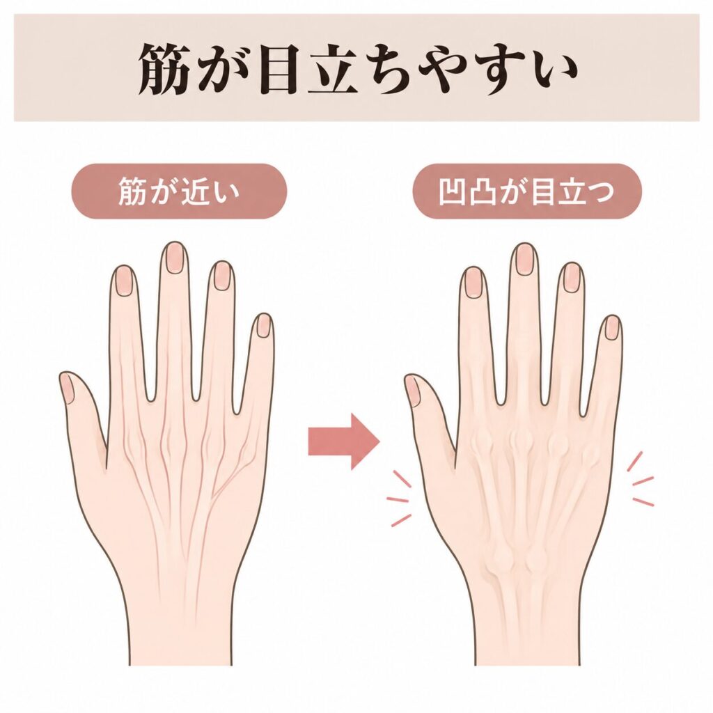 筋が皮膚の近くを通るため凹凸が目立つ図